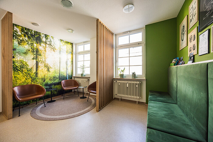 Ein modern gestalteter Wartebereich mit einer Naturtapete, die einen Wald darstellt. Es gibt zwei braune Sessel, einen kleinen Tisch und grüne Pflanzen auf den Fenstersimsen. Die Wände sind teilweise grün gestrichen, und eine Holztrennwand sorgt für eine angenehme Atmosphäre.